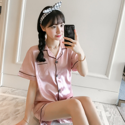 开衫仿真丝睡衣女夏短袖丝绸性感女薄款大码家居服两件套短裤套装