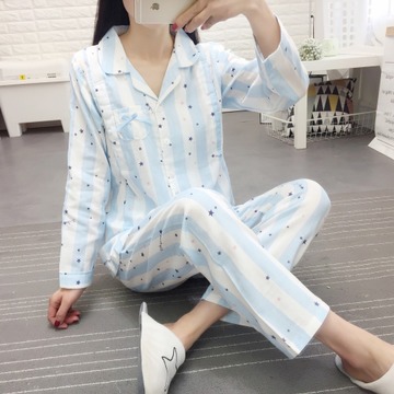 新星星全棉棉纱月子服双层纱布孕妇翻领月子服夏季款薄款哺乳套装