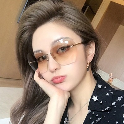 新款大框切边太阳镜 女士潮流无框海洋片墨镜 街拍眼镜