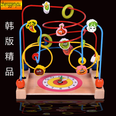 新款榉木多功能蔬菜时钟绕珠木制儿童早教认知智力开发玩具