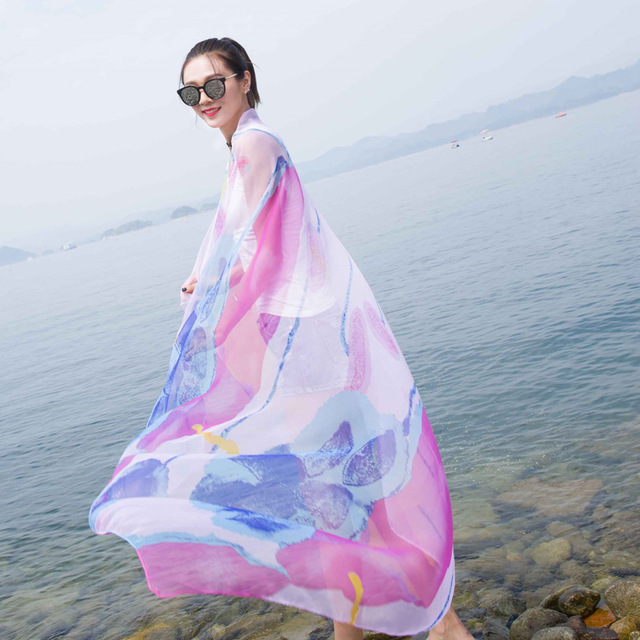 2018春夏新品丝巾冰丝印花丝巾围巾女薄款纱巾防晒披巾沙滩巾长款