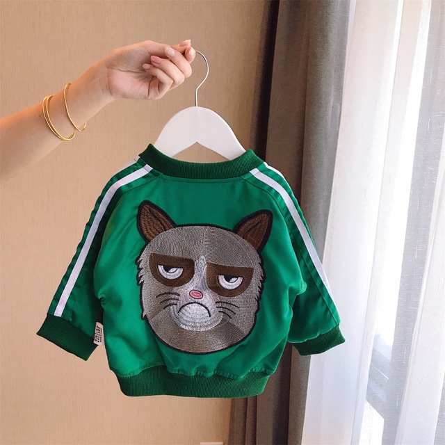 2018婴童男女童插肩条纹贴布猫咪棒球服外套